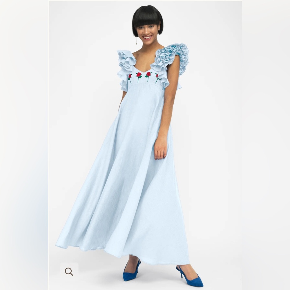 Fanm Mon Light Blue Maxi Dress with Floral Embroidery